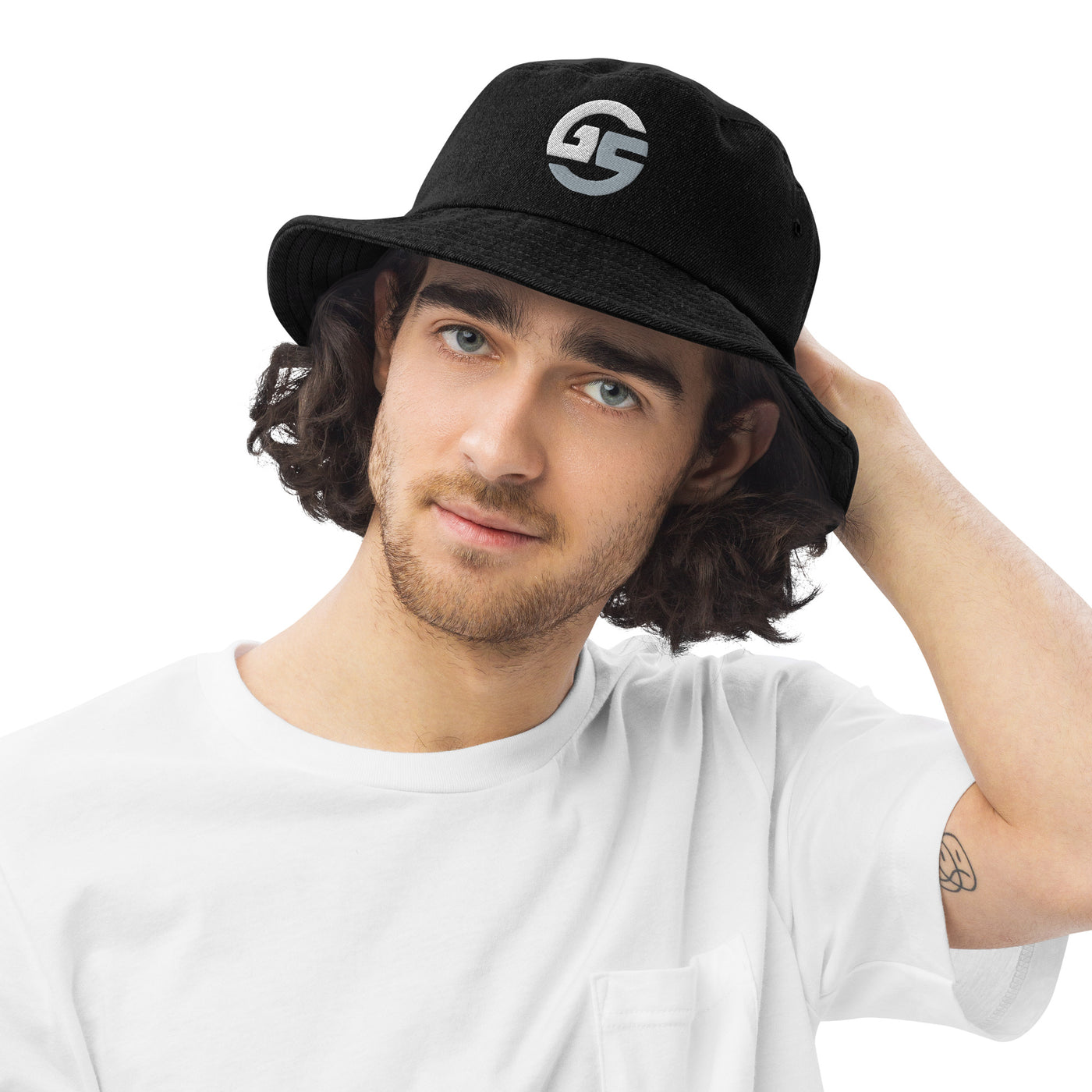 GS Branded Un-Basic WHT/GRY EMB Denim Bucket Hat